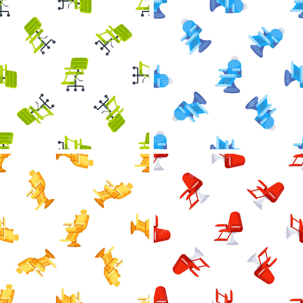 پترن رنگارنگ صندلی‌ها: نمایش صندلی‌های اداری، هواپیما، آرایشگاه و اتاق انتظار، نماد گزینه‌های متنوع برای نشستن