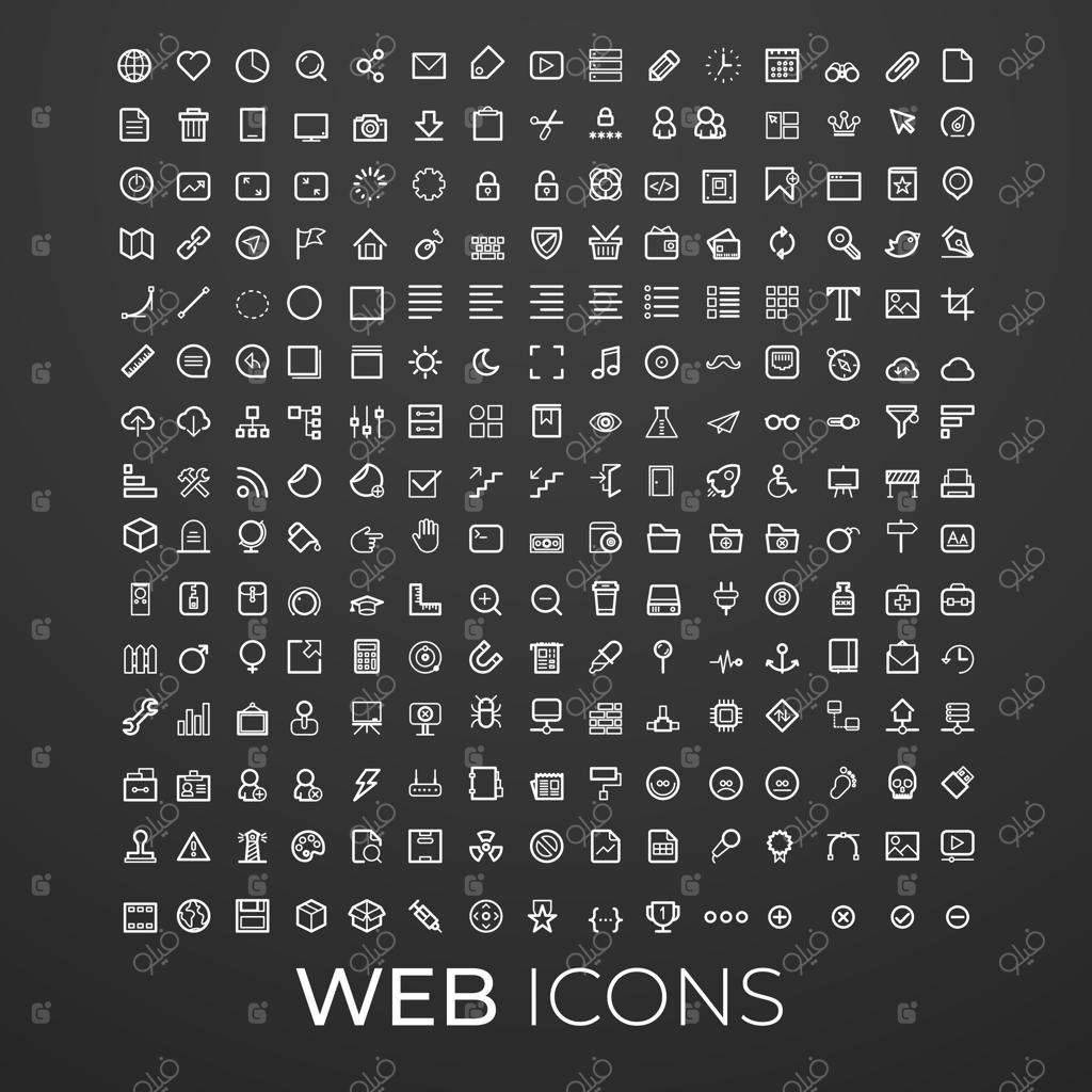 مجموعه آیکون‌های وب شامل موضوعات اینترنت، سئو، فضای ابری، فایل، شبکه‌های اجتماعی، ایمیل، تنظیمات، موبایل و جستجو