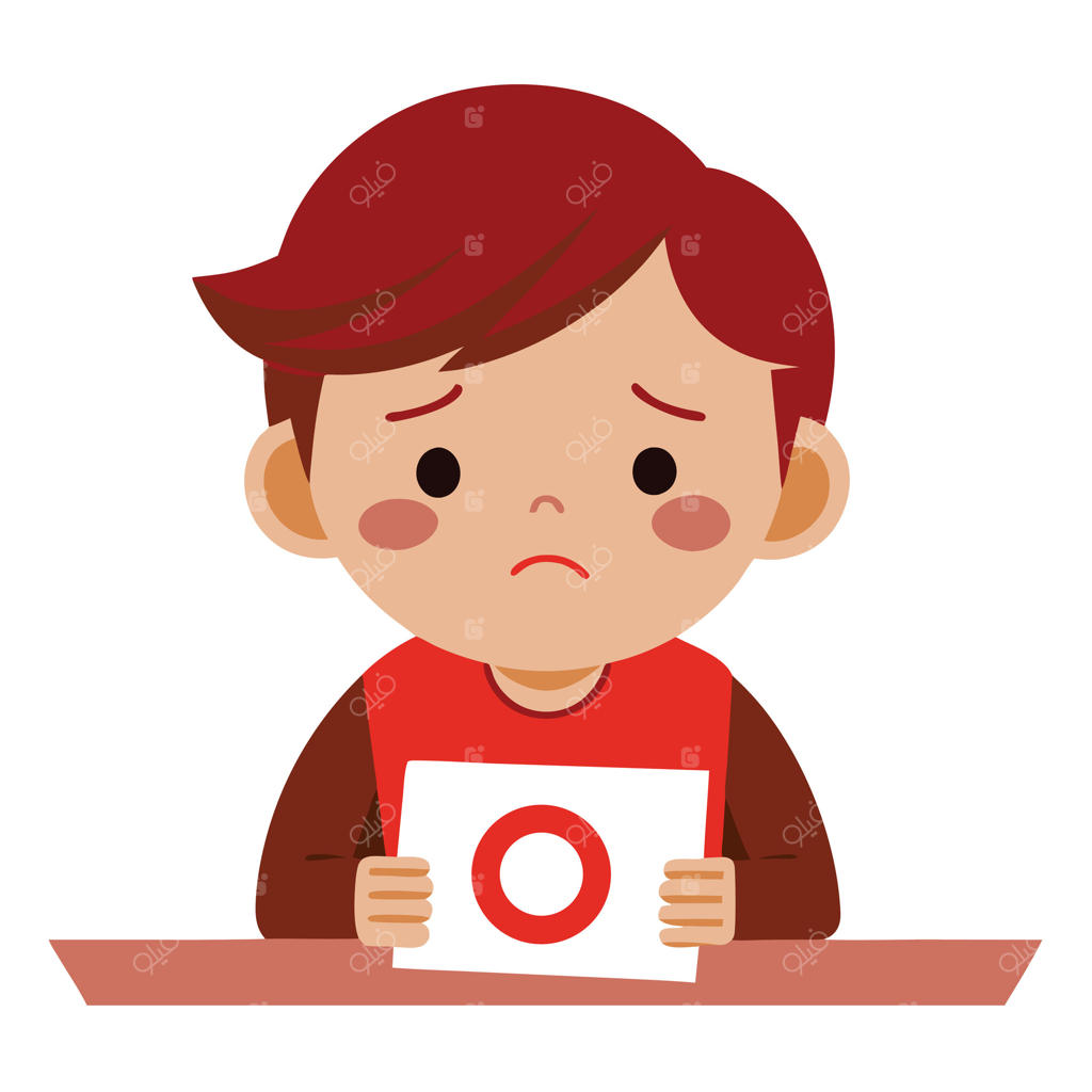 پسر غمگین با موهای قهوه‌ای و کاغذی با دایره قرمز در دست پشت میز