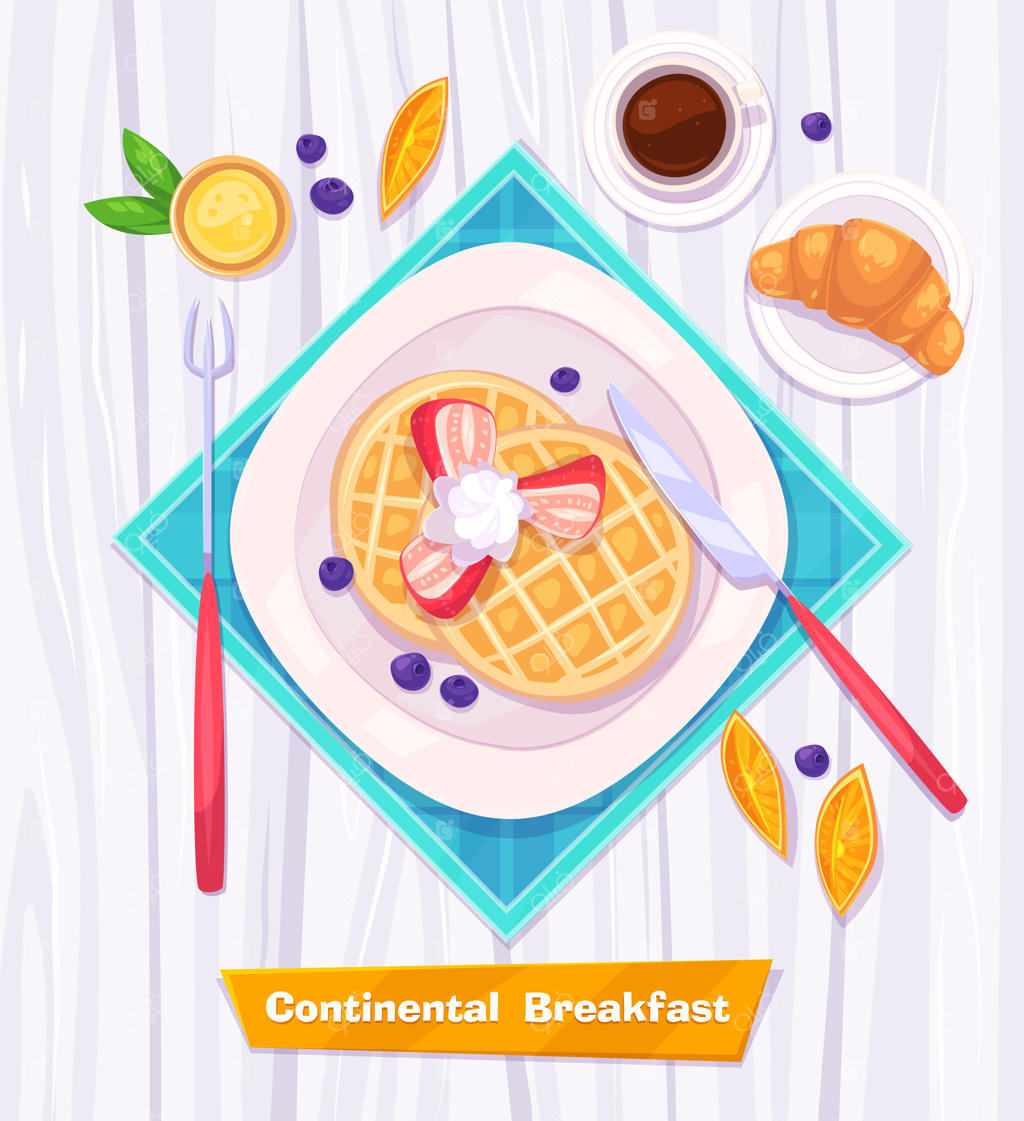 صبحانه سالم با وافل، توت ها، کروسان، قهوه و آبمیوه. نمای از بالا روی میز چوبی شیک با فضای خالی. تصویرسازی.