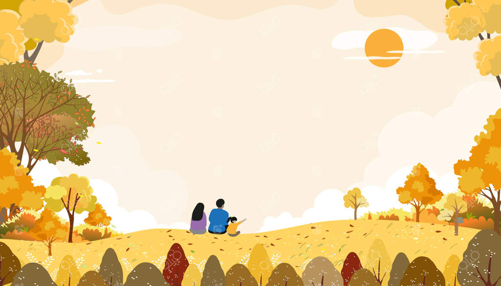 منظره پاییزی با خانواده‌ای در باغ پارک، تماشای غروب آفتاب و آسمان ابری - بنر کارتونی طبیعت با برگ‌های نارنجی و مزرعه روستایی در حومه شهر همراه با طلوع خورشید