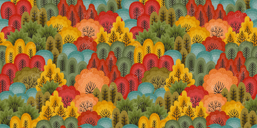 الگوی یکپارچه انتزاعی با جنگل پاییزی. پس‌زمینه وکتور برای سطوح مختلف. بافت‌های دستی مدرن.