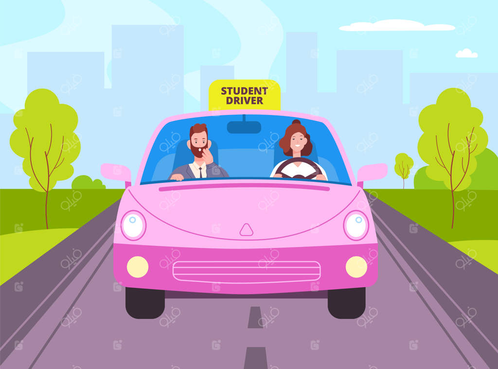 هنرجو و مربی در خودرو: یادگیرنده‌ی مطمئن با مأمور آزمون و رانندگی امن در جاده، آموزش رانندگی و قوانین خودرو، تصویرسازی برداری جذاب