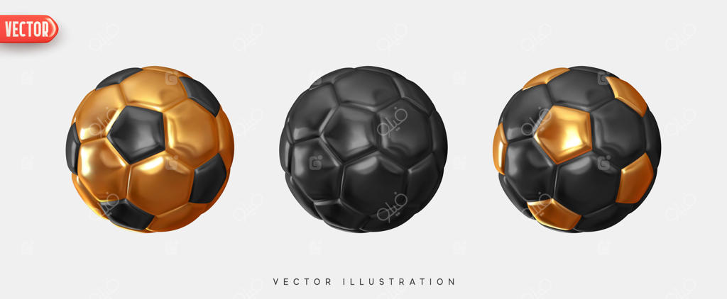 توپ فوتبال. مجموعه‌ای از توپ‌های فوتبال با طراحی سه‌بعدی و واقعی. بافت چرم به رنگ طلایی و مشکی. نمونه‌سازی از عناصر ورزشی روی پس‌زمینه سفید. تصویرسازی وکتور.