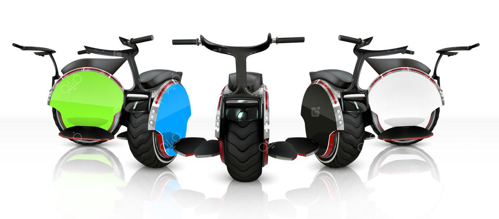 ترکیب واقع‌گرایانه از تصاویر چند تک‌چرخ با بازتاب‌ها و رنگ‌های متنوع روی پس‌زمینه سفید: تصویرسازی وکتور