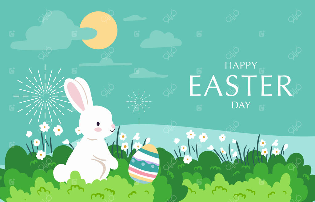 مجموعه‌ای از پس‌زمینه‌های عید پاک با خرگوش و تخم‌مرغ در باغ - تصویر برداری قابل ویرایش برای بنر افقی