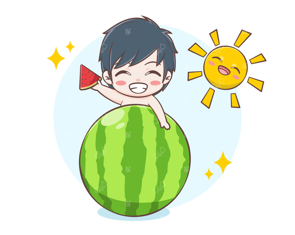 تصویر کارتونی پسر بامزه روی هندوانه بزرگ در تابستان