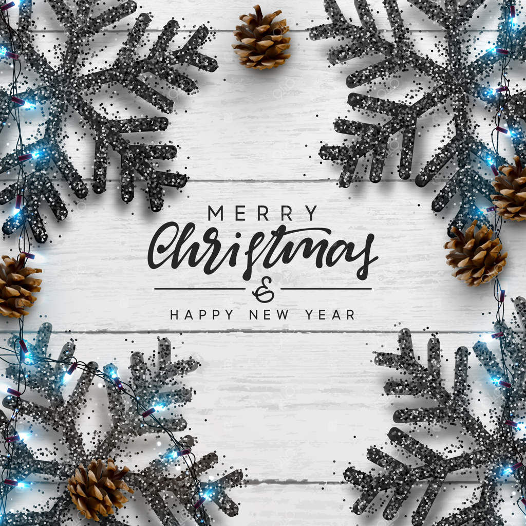 ترکیب کریسمس روی پس‌زمینه چوبی. طراحی دکوراسیون کریسمس، دانه برف سیاه، ریسه‌های نور آبی، میوه کاج. بافت چوب سفید واقعی. نمای بالا، تصویر برداری۔