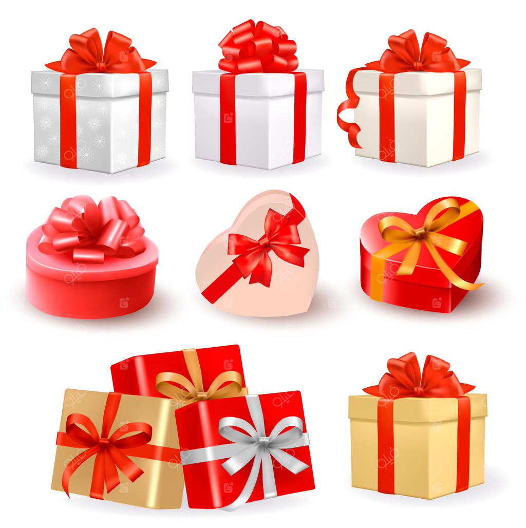 مجموعه‌ای از جعبه‌های رنگارنگ هدیه با پاپیون و روبان.