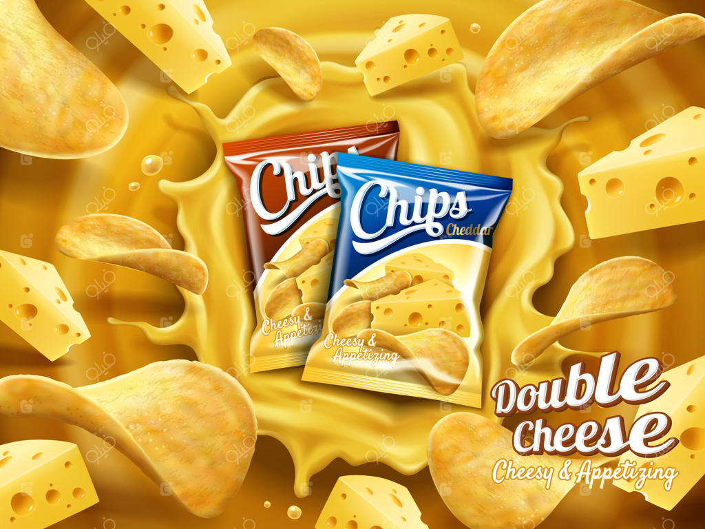 تصویر تبلیغاتی چیپس سیب‌زمینی با پنیر دو برابر