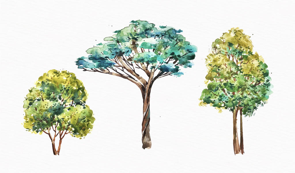 مجموعه‌ای از درختان به سبک آبرنگ