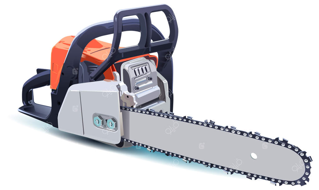 تصویر سه‌بعدی اره‌برقی بنزینی روی پس‌زمینه سفید.