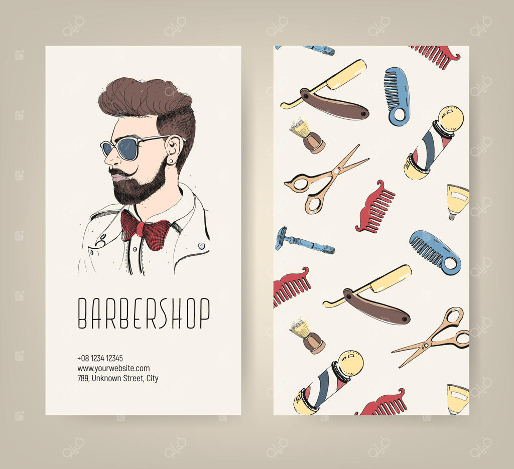 پوستر آرایشگاه با ابزار آرایشگری و مدل موی مردانه مد روز. تصویرسازی وکتوری رنگارنگ.