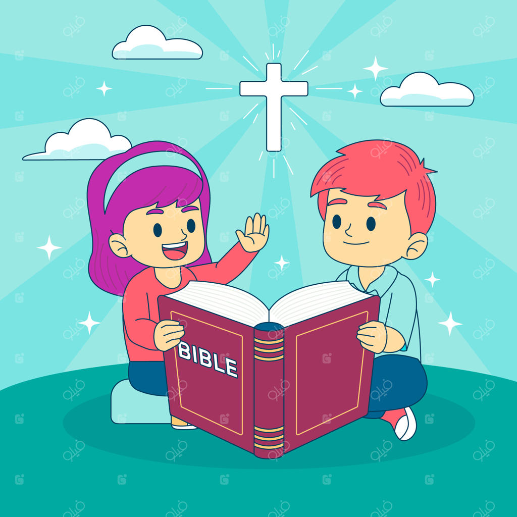 تصویرسازی دستی کودکان در حال خواندن کتاب مقدس