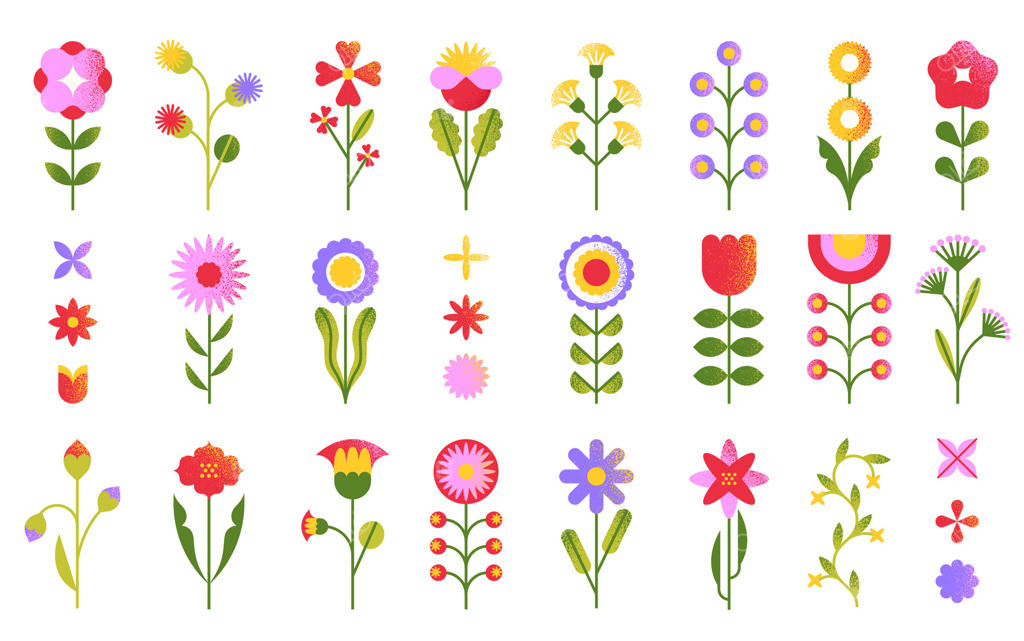 گل‌های هندسی: عناصر انتزاعی گل‌های بهاری و تابستانی، اشکال هندسی ساده گل‌های شمالی، آیکون‌های گیاهان برگ‌دار به سبک فانکی سال‌های 2000. مجموعه‌ای از گل‌های مجزا