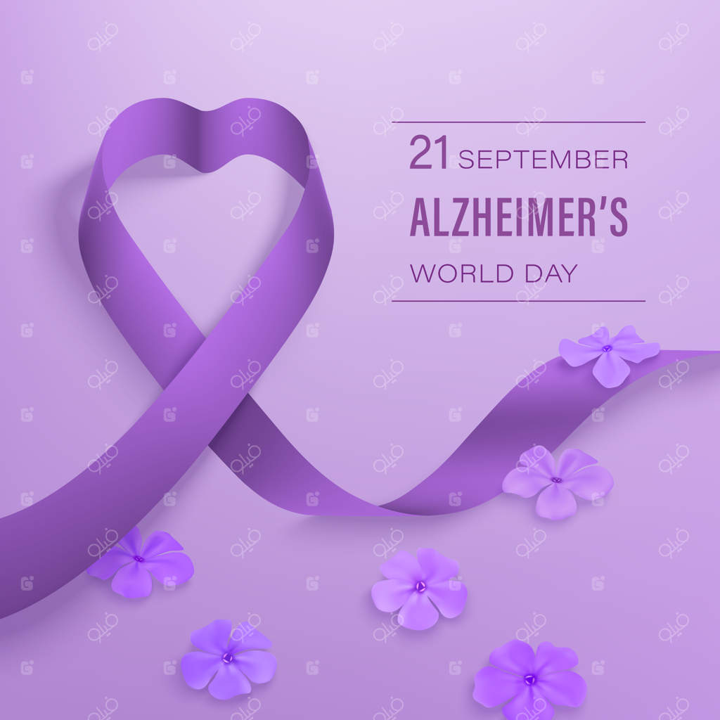 مفهوم روز جهانی آلزایمر در سپتامبر با روبان بنفش و گل‌های فلوکس روی زمینه بنفش کمرنگ