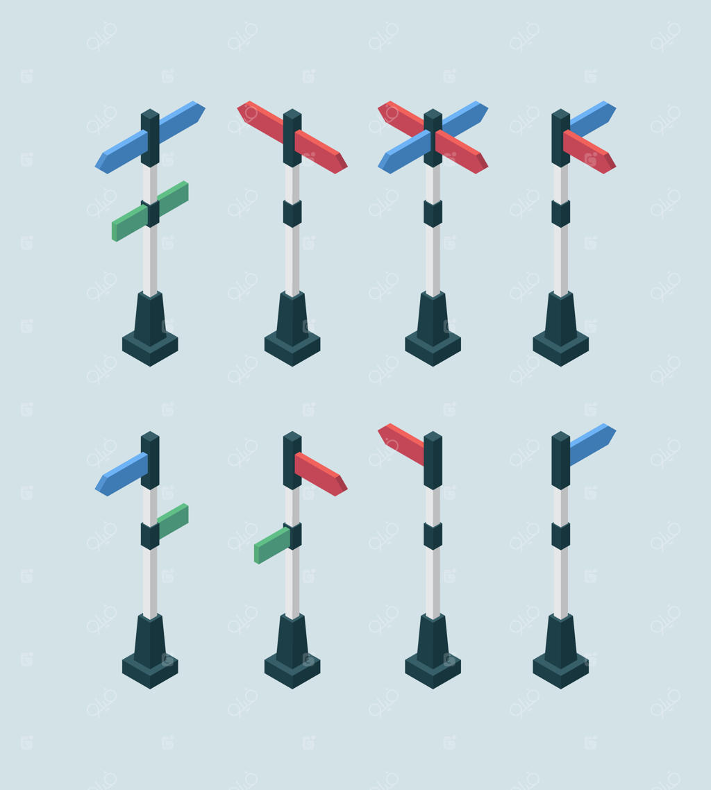 نشانه‌های جهت‌یابی شهری: مجموعه تابلوهای راهنمای سفر به صورت ایزومتریک سه‌بعدی