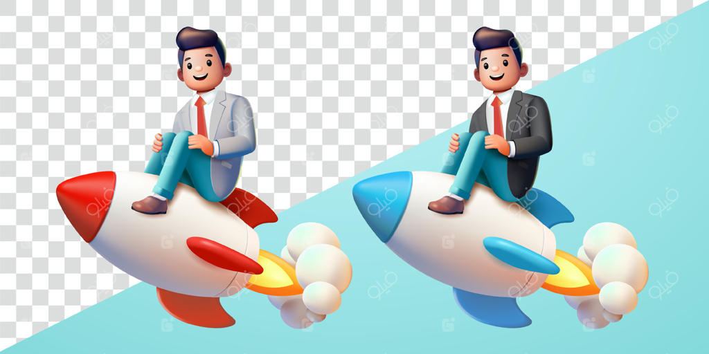 مردی در دفتر کار بر روی موشک نشسته است - سه بعدی، مناسب برای تجارت، شغل و عناصر طراحی.