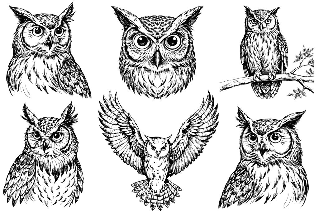 طرح‌هایی از جغد بر روی پس‌زمینه سفید