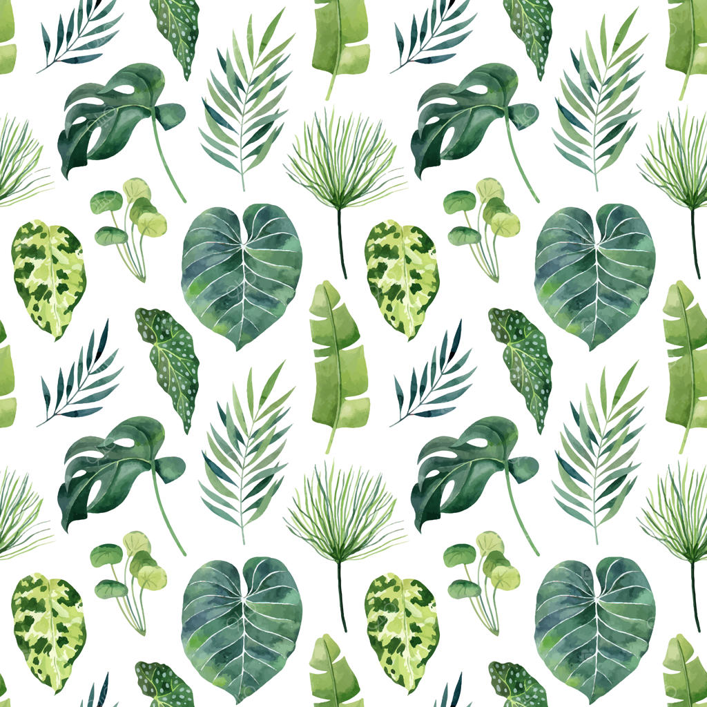 پترن یکپارچه برگ‌های استوایی با آبرنگ شامل برگ‌های فیلودندرون، کالاتیا، پاپیروس و موز