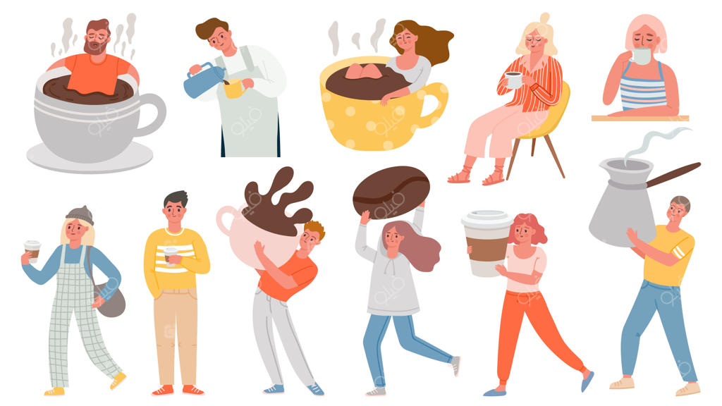 عاشقان قهوه. مردان و زنانی با نوشیدنی‌های گرم صبحگاهی که در فنجان‌های بزرگ نشسته و جَزوه در دست دارند. شخصیت‌هایی در حال استراحت در کافه یا خانه. مردی با اسپرسو و فنجان قهوه برای صبحانه، تصویرسازی وکتور.