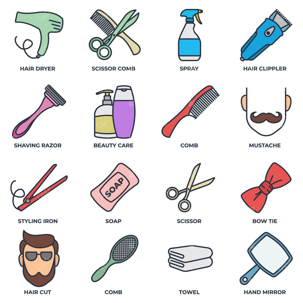 مجموعه آیکون وب بنر آرایشگاه. ریش‌تراش، صابون، حوله، آینه دستی، سبیل، قیچی، سشوار و بیشتر - مفهوم تصویرسازی وکتور.