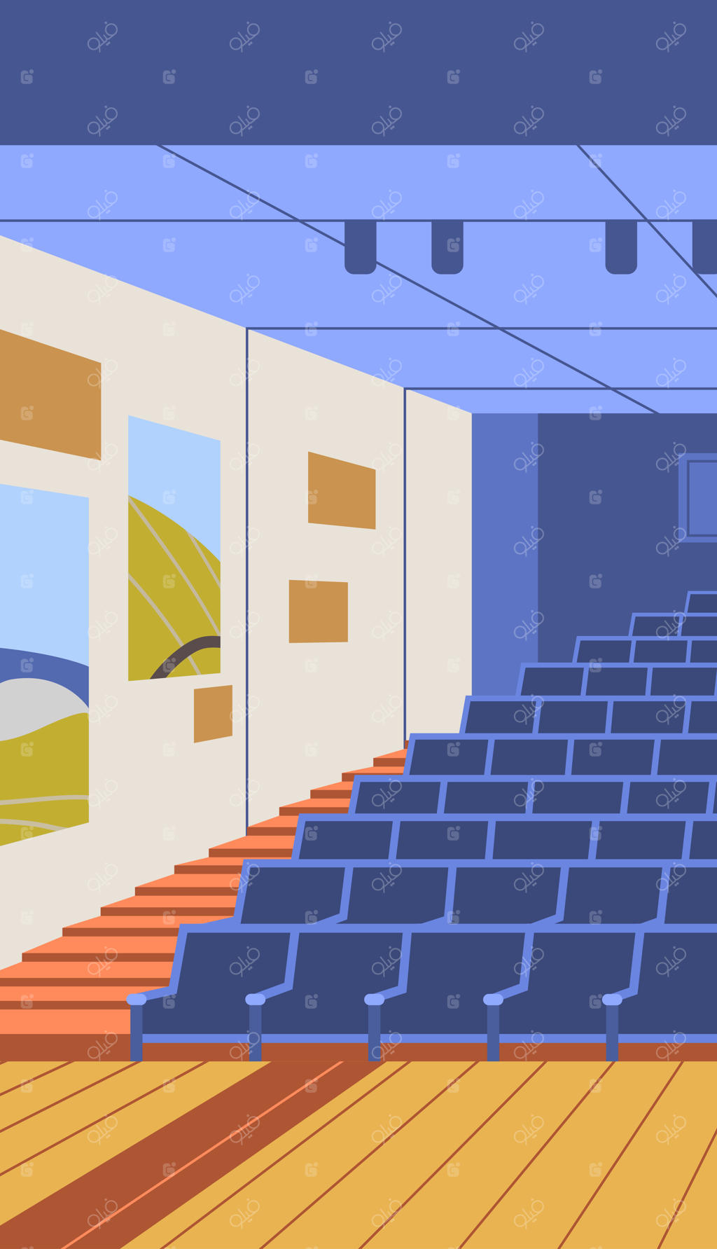 نمای پرسپکتیو از داخل سینما با صندلی‌های خالی رنگارنگ، طراحی مینیمال و رنگ‌های روشن