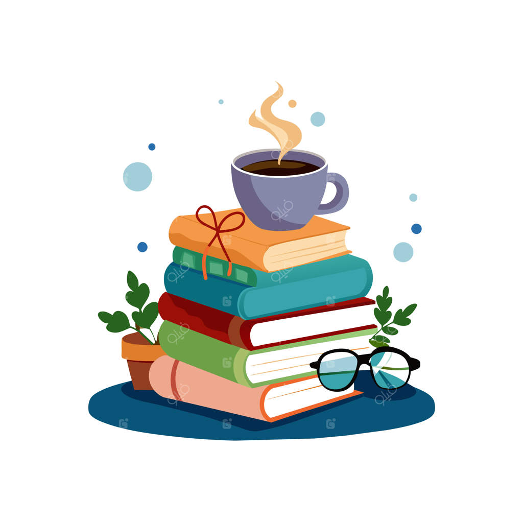 یک دسته کتاب با یک فنجان قهوه و دوباره یک دسته کتاب