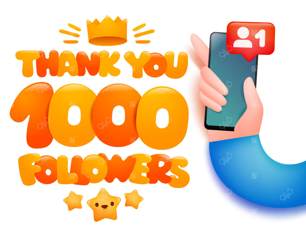 تصویرسازی کارتونی با عنوان "هزار دنبال‌کننده" و دستی که گوشی هوشمند را نگه داشته است