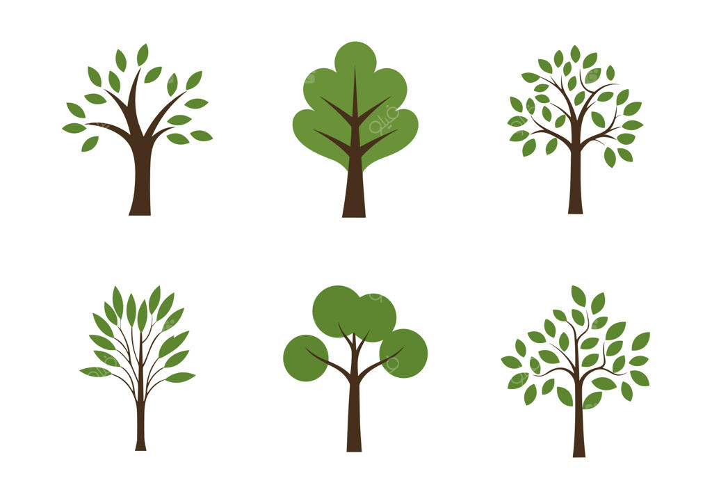 مجموعه تصویرسازی وکتور درخت سبز برای طراحی لوگو یا آیکون با پس‌زمینه سفید