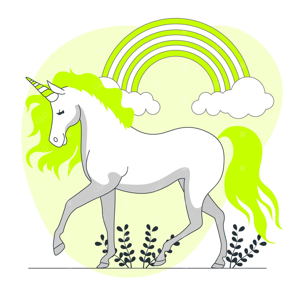 تصویرسازی گرافیکی اسب تک‌شاخ با رنگین‌کمان