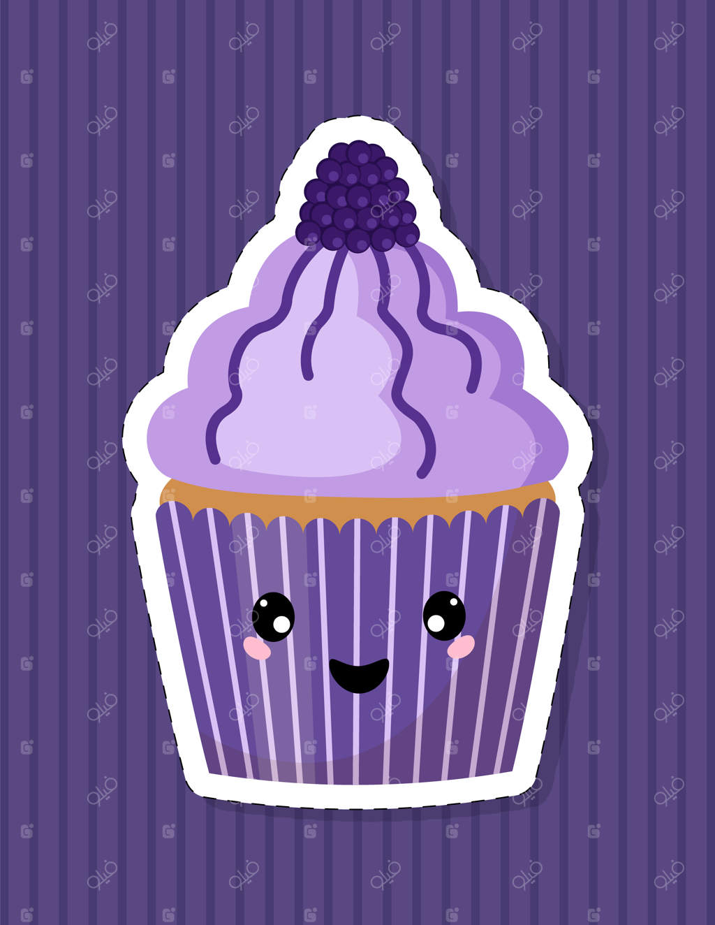 کاپ‌کیک تزیین شده با توت سیاه و کیک با چهره به سبک کاوایی - تصویر وکتور