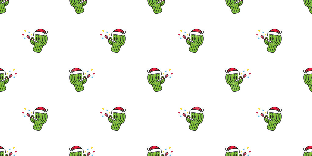 پترن یکپارچه کاکتوس با کلاه بابانوئل و آب نبات چوبی - گل صحرایی کارتونی برای کاغذ کادو، پس‌زمینه تکرارشونده، شال، و تصویرسازی گیاهان باغی دست‌ساز