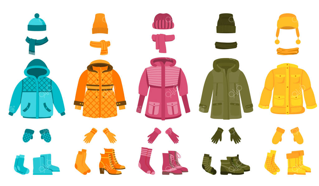 لباس های گرم و لوازم جانبی: کارتونی از پوشاک زمستانی برای خانم ها - ست جدیدی از کاپشن، پالتو، کلاه و شال گردن