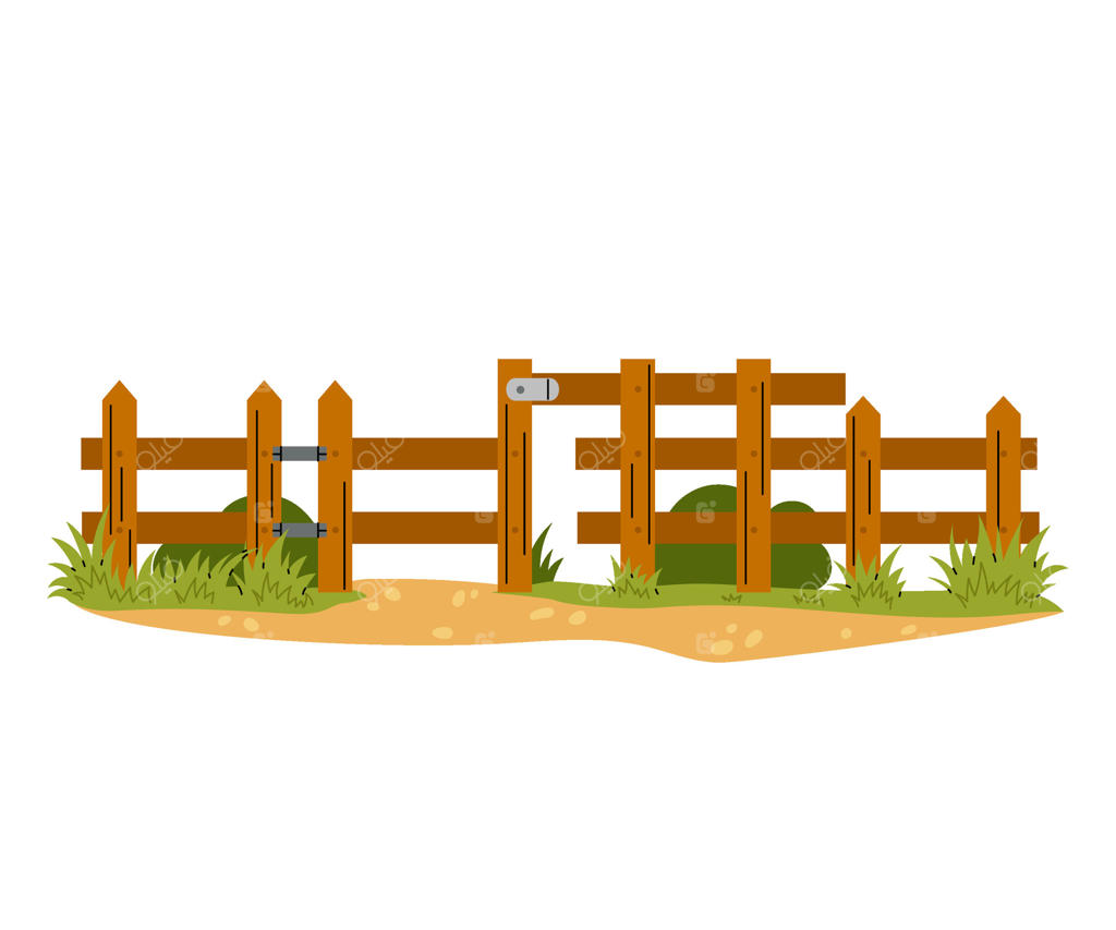 نرده‌کشی چوبی باغ با چمن و بوته‌زارها. حائل باغ و در با تخته‌های موازی چوبی. طراح‌سازی تخت.