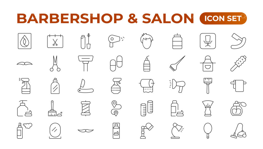 آیکون‌های آرایشگاه - مجموعه‌ای از تصاویر مینیمال و قابل ویرایش برای وب. مجموعه‌ای از ابزارهای سلمانی. مجموعه آیکون‌های هنری وکتور.