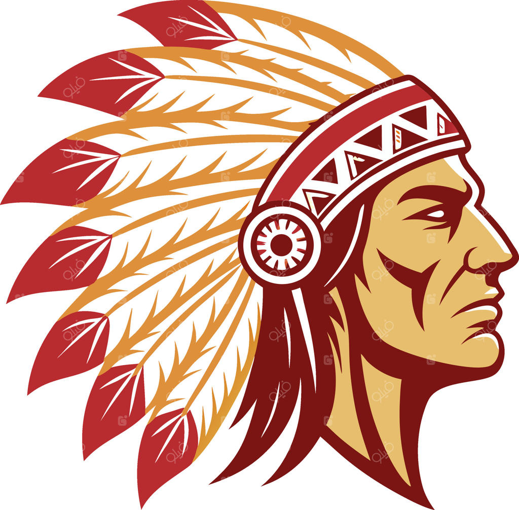 طرح گرافیکی سر رئیس سرخ‌پوست با تاج پر برای طراحی تاتو و پروژه‌های هنری