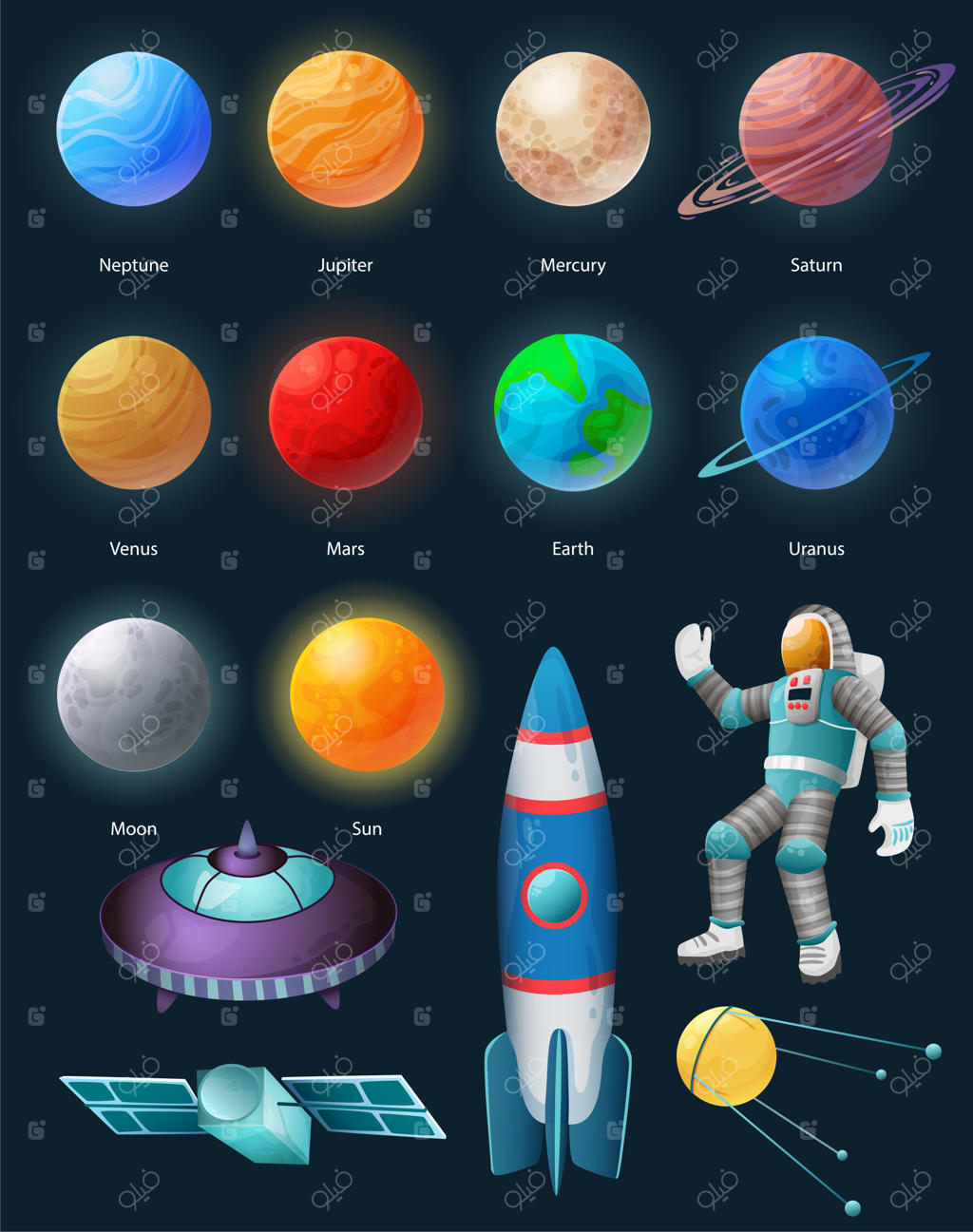 اجرام آسمانی، ایستگاه فضایی خورشیدی، فضاپیما، ماهواره مصنوعی زمین، فضانورد، خورشید، ماه، سیارات - مجموعه رنگارنگ وکتور ил иллюстрация