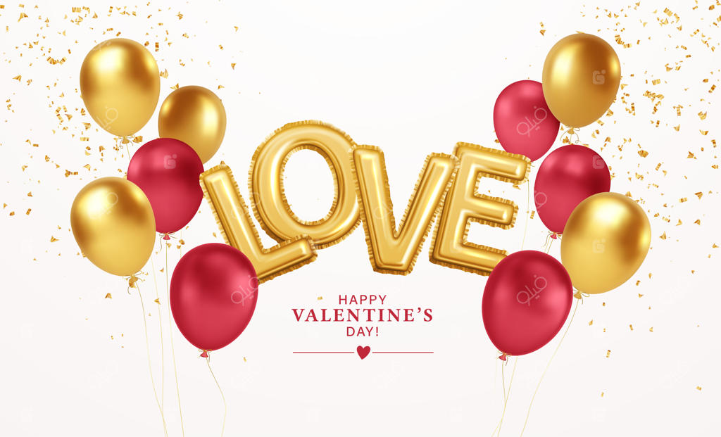 روز ولنتاین مبارک با بادکنک‌های طلایی و قرمز و نوشته "عشق" با حروف طلایی درخشان.