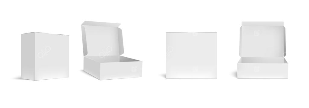 طرح‌های جعبه سفید باز و بسته: مجموعه‌ای از مدل‌های سه‌بعدی بسته‌بندی‌های خالی مستطیلی و واقعی، جعبه‌های مربع بدون طرح، و تصاویر کلیپ‌آرت از کارتن‌های بسته‌بندی