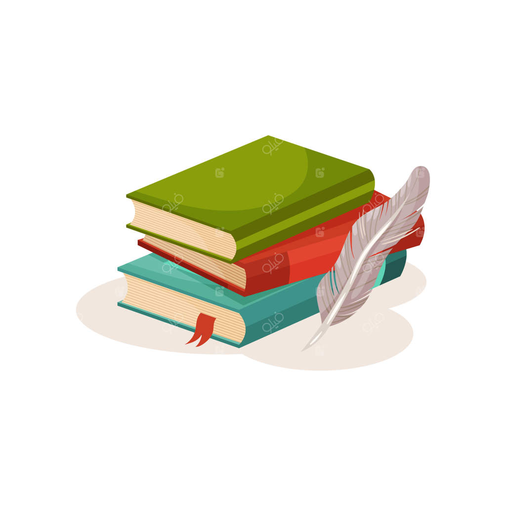 نمادهای علم و دانش: دسته‌ای از کتاب‌ها و قلم پر، برداشت تصویری از نویسندگی قدیمی