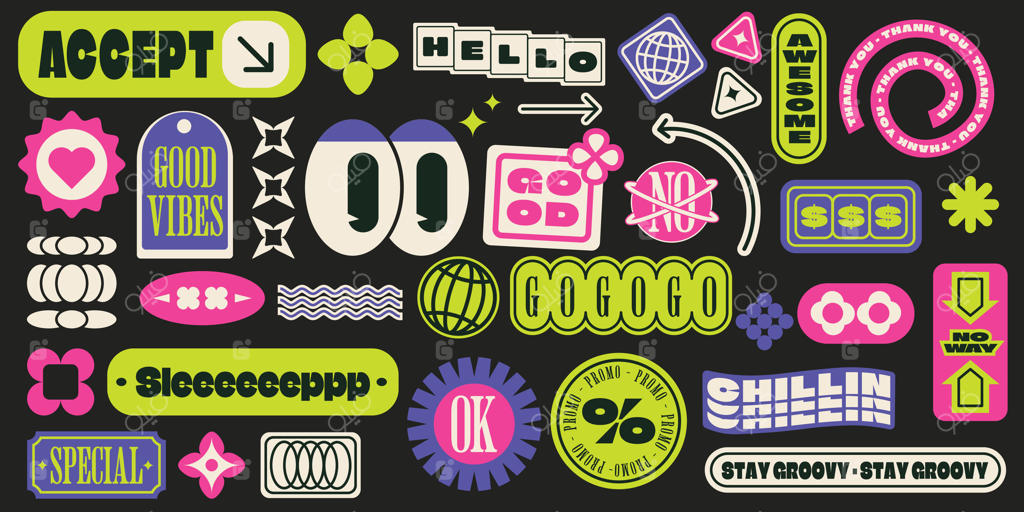 استیکرهای رترو با حال‌وهوای دهه ۹۰ شامل بادکنک، قلب پادار و گل خندان؛ کلکسیونی ترند از پچ، برچسب، لیبل و تگ‌های شیک با حس خوب و عاشقانه