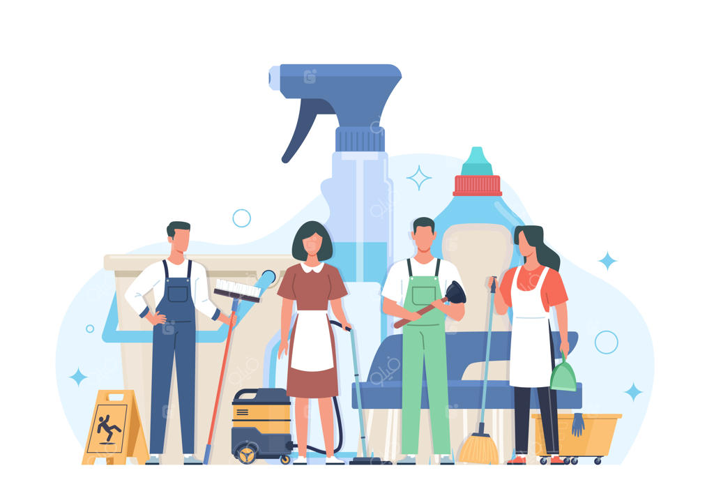 گروه نظافتچیان حرفه‌ای با تجهیزات شستشو و مواد شوینده - تیم رفتگران مرد و زن برای بهداشت اماکن صنعتی و مسکونی - مفهوم کارتون وکتوری ایزوله‌شده