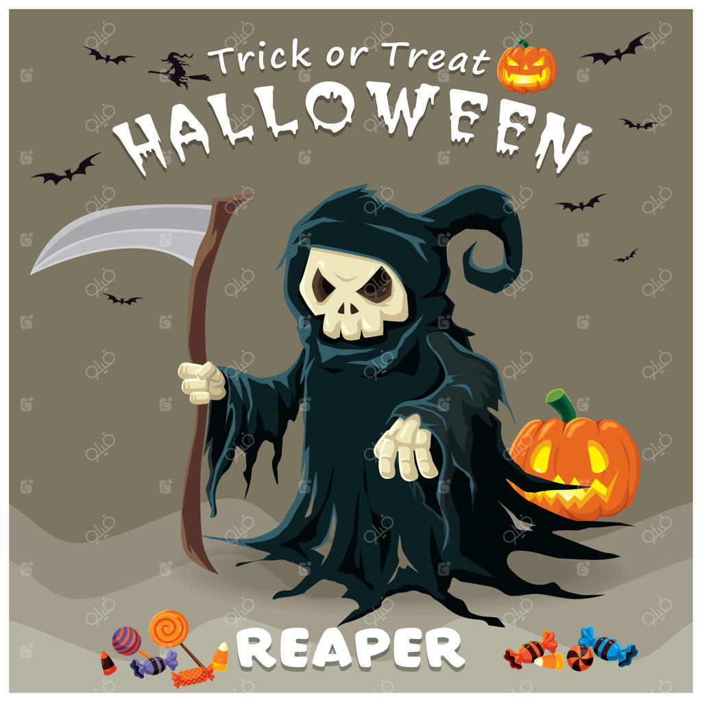 طراحی پوستر هالووین با شخصیت دروگر قدیمی و وکتوری.