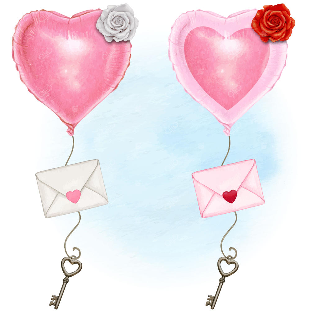بادکنک قلبی آبرنگی با پاکت عشق و کلید قلبی