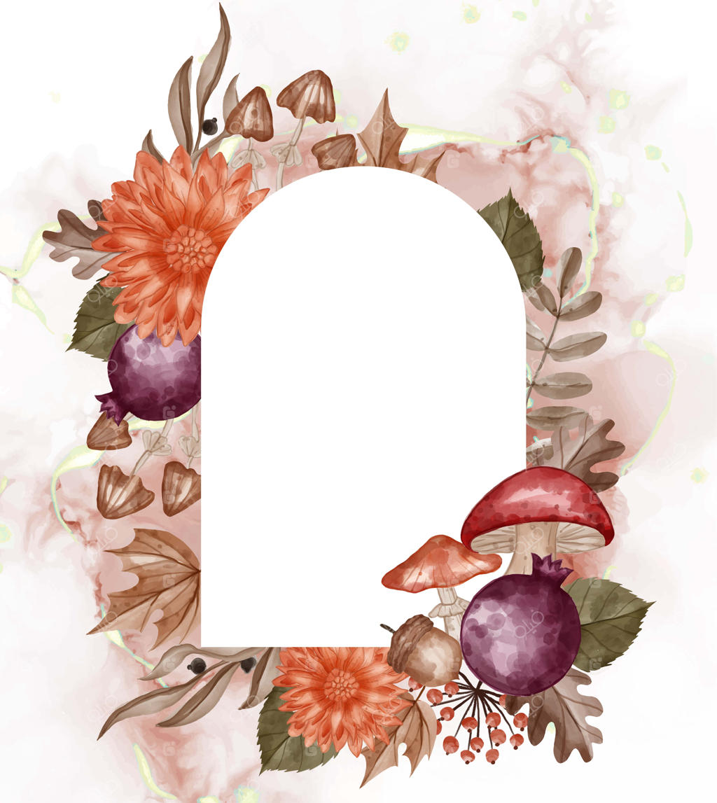 زمینه قاب آبرنگ پاییزی با گل‌ها، برگ‌ها و قارچ و فضای سفید