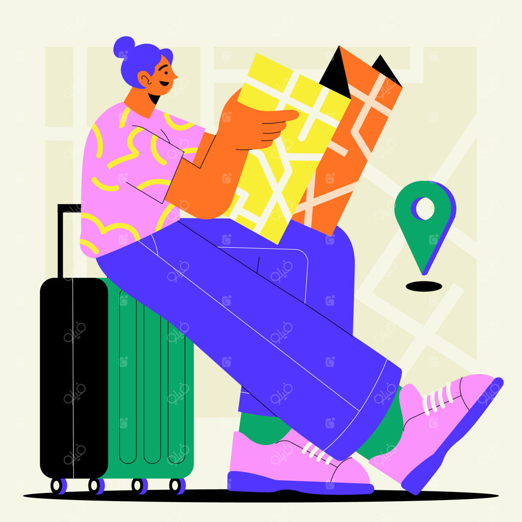 مسافر با نقشه و چمدان در حال برنامه‌ریزی سفر
