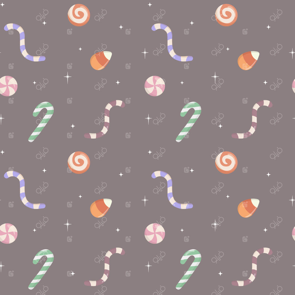 پترن یکپارچه جشن هالووین با آب نبات‌ها و عناصر و تزئینات هالووینی - سبک کارتونی وکتور برای پارچه، کاغذ کادو، کاغذ دیواری، لباس و کارت تبریک کودکانه