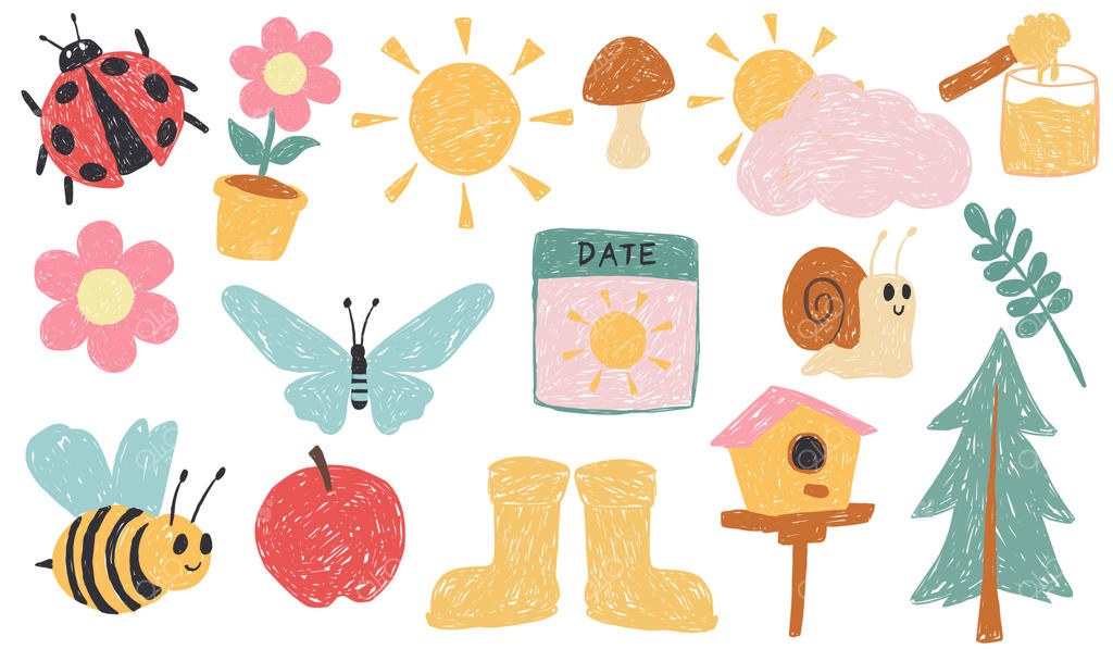 مجموعه رنگ‌های پاستلی برای بهار دوست‌داشتنی: زنبورها، خورشید، گل‌ها، عسل، چکمه‌ها، درختان، پروانه‌ها و تقویم به سبک نقاشی کودکانه.