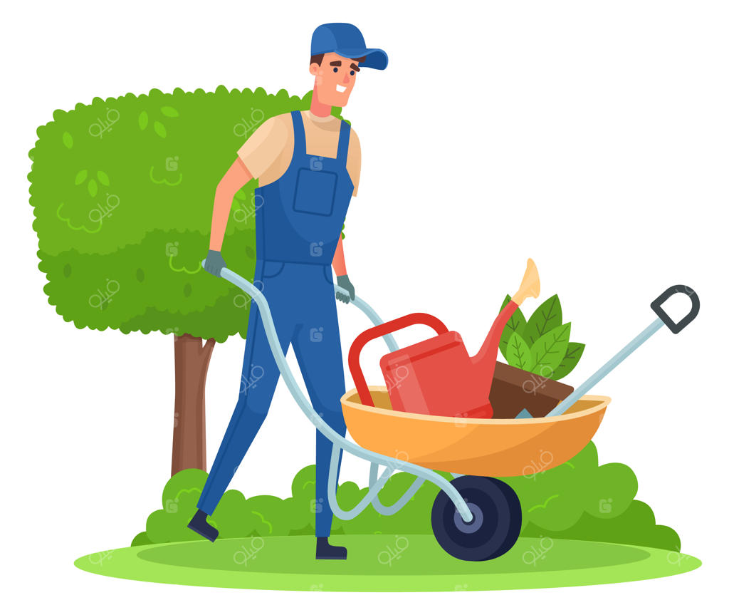 کارگر در حال هل دادن فرغون و ابزار باغبانی و کشاورزی، جداشده در پس‌زمینه سفید